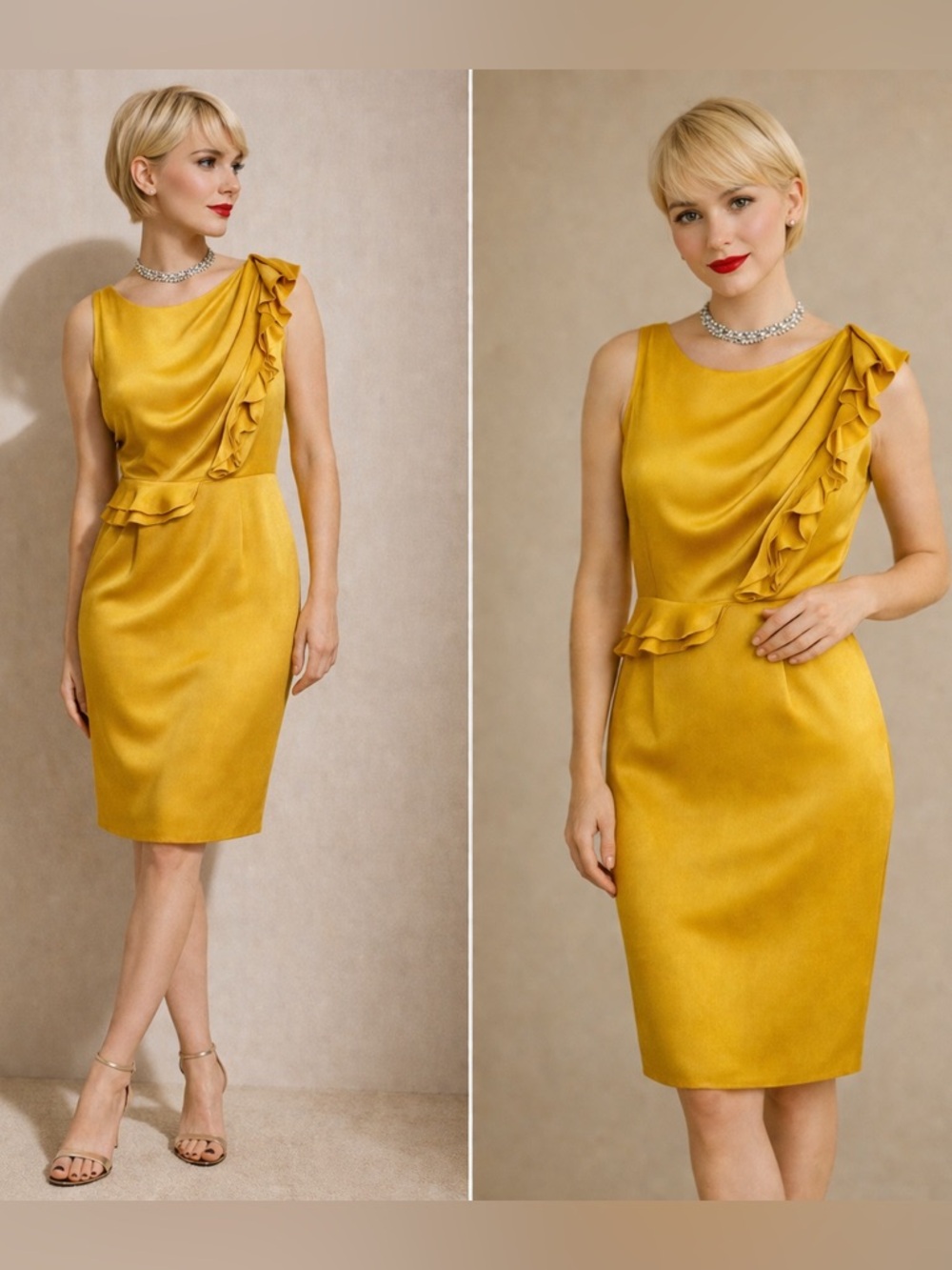 Antonio Melani Silk Ruffle Asymmetrical Mini Dress Mustard Yellow Chic Size 2‎
